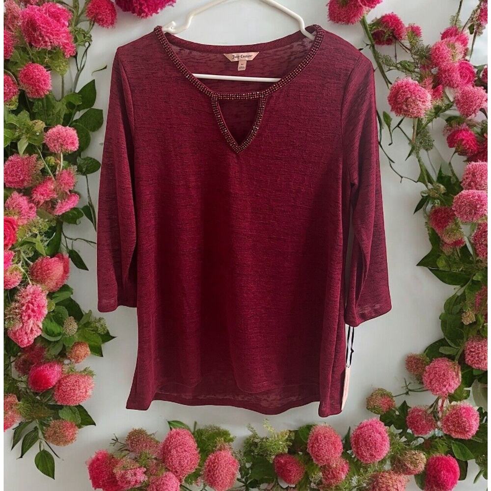 NWT Womens Juicy Couture Top Jeweled Keyhole 3/4 Sleeve Beet Red Size Medium